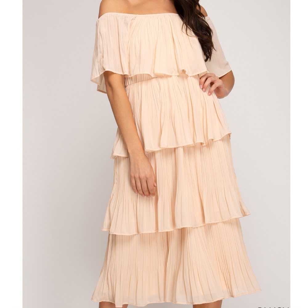 Maria~Off The Shoulder Pleated Layered Dress